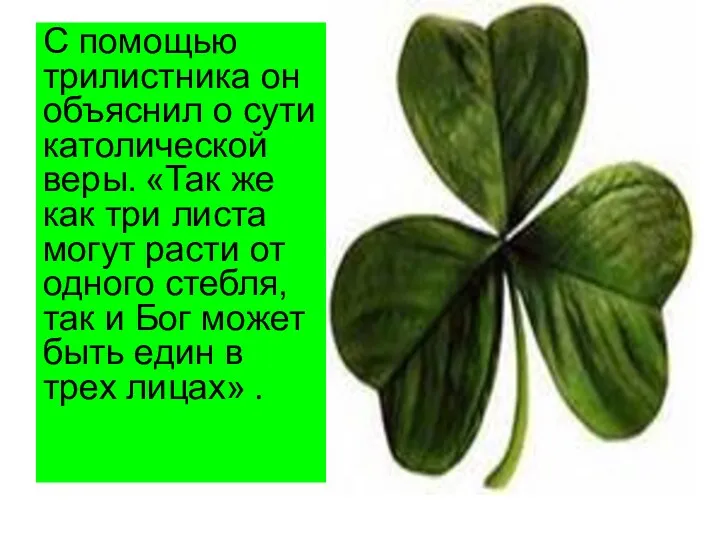 С помощью трилистника он объяснил о сути католической веры. «Так