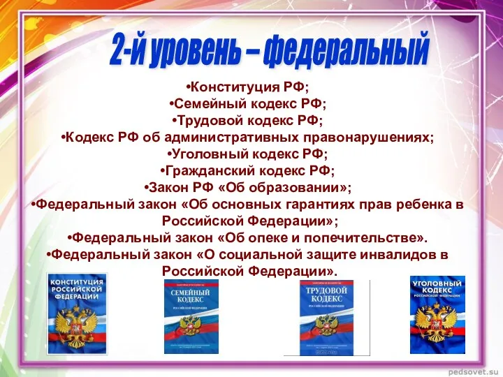 2-й уровень – федеральный Конституция РФ; Семейный кодекс РФ; Трудовой