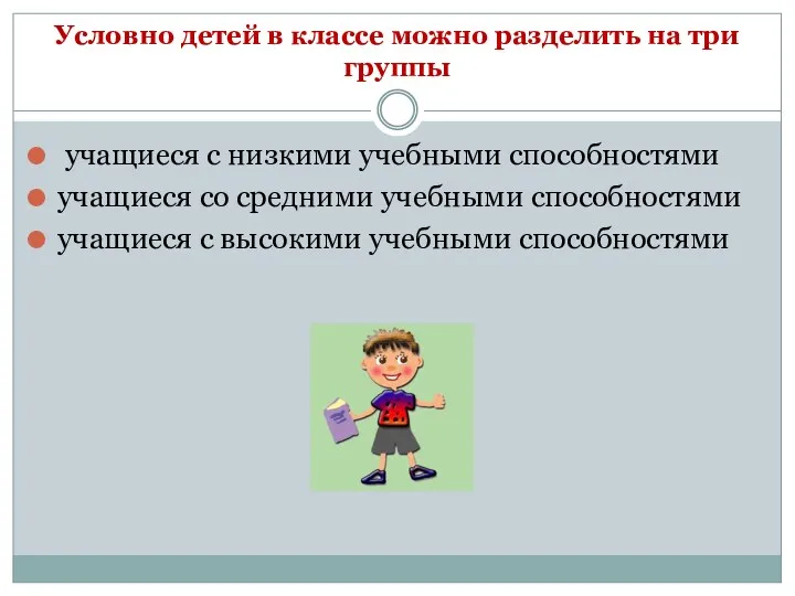 Условно детей в классе можно разделить на три группы учащиеся