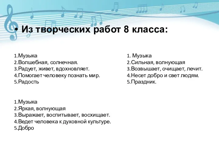 Из творческих работ 8 класса: 1.Музыка 2.Волшебная, солнечная. 3.Радует, живет,