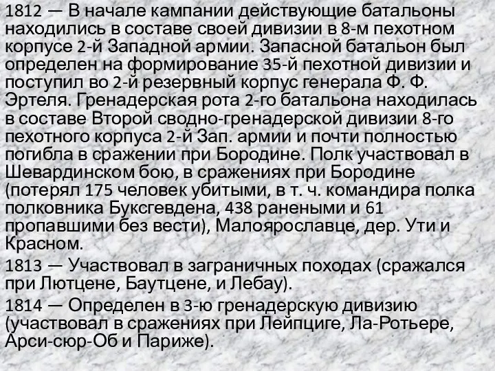 1812 — В начале кампании действующие батальоны находились в составе