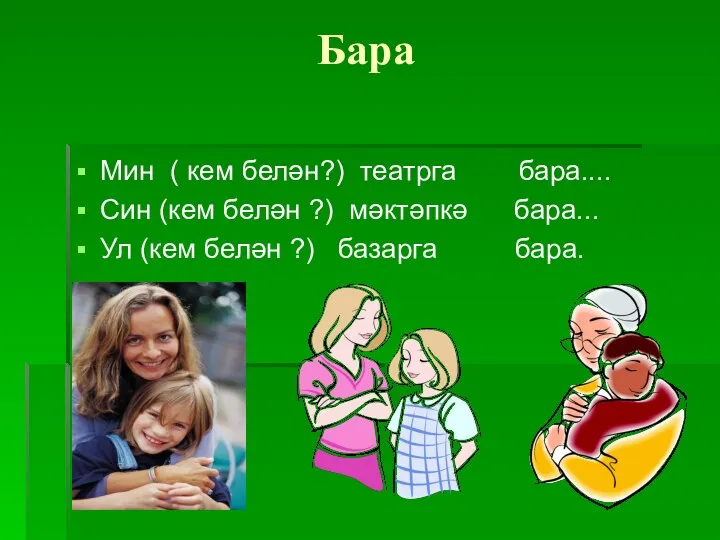 Бара Мин ( кем белән?) театрга бара.... Син (кем белән