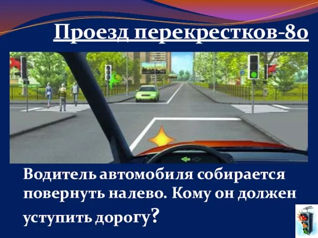 Проезд перекрестков-80 Водитель автомобиля собирается повернуть налево. Кому он должен уступить дорогу?