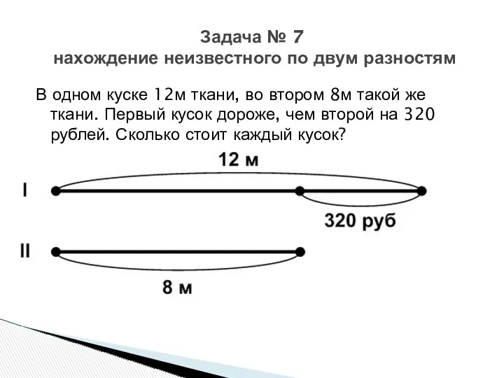 В одном куске 12м ткани, во втором 8м такой же