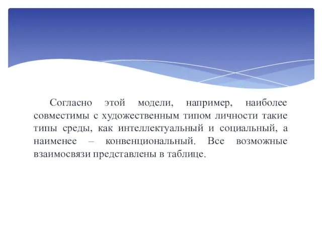 Согласно этой модели, например, наиболее совместимы с художественным типом личности