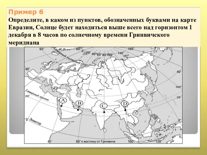 Пример 6 Определите, в каком из пунктов, обозначенных буквами на