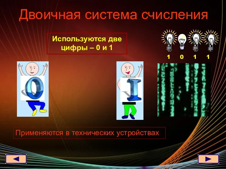 Двоичная система счисления 1 0 1 1 Используются две цифры