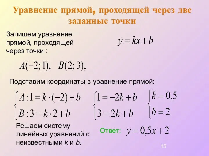 Уравнение прямой, проходящей через две заданные точки Подставим координаты в