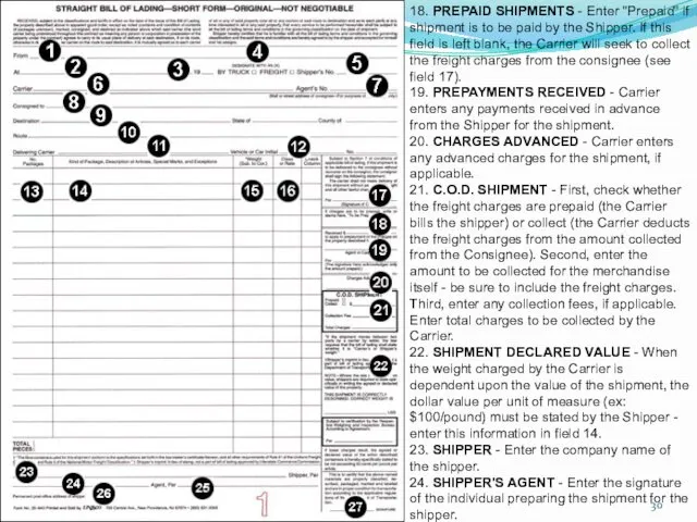 18. PREPAID SHIPMENTS - Enter "Prepaid" if shipment is to