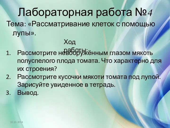 Лабораторная работа №4 Тема: «Рассматривание клеток с помощью лупы». Ход