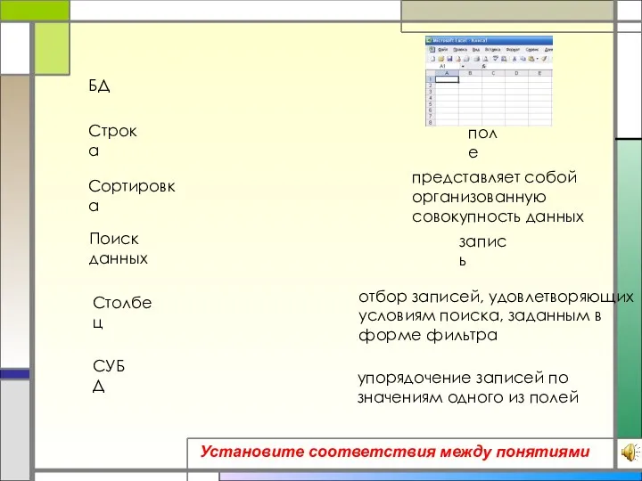 Установите соответствия между понятиями СУБД БД представляет собой организованную совокупность