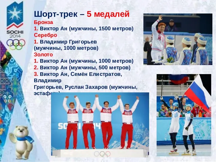 Шорт-трек – 5 медалей Бронза 1. Виктор Ан (мужчины, 1500 метров) Серебро 1.