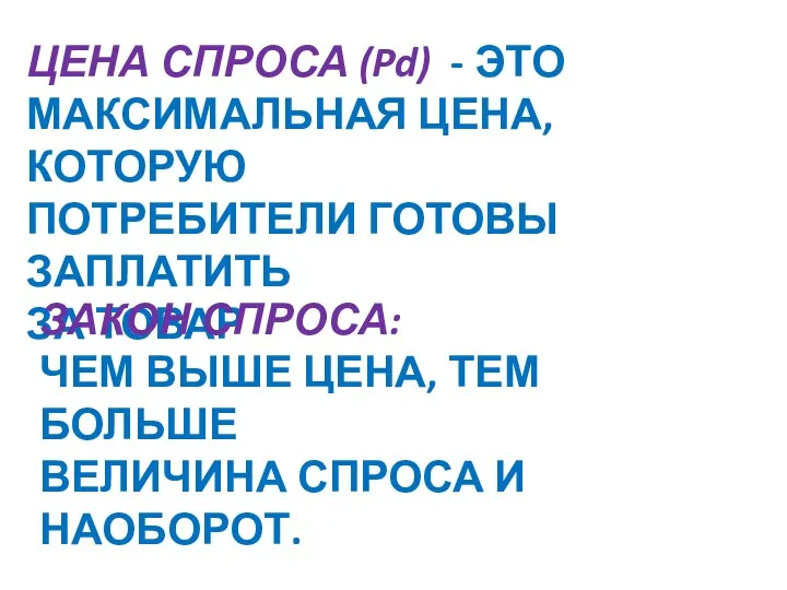 ЦЕНА СПРОСА (Pd) - ЭТО МАКСИМАЛЬНАЯ ЦЕНА, КОТОРУЮ ПОТРЕБИТЕЛИ ГОТОВЫ