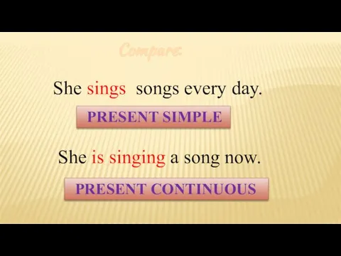 Compare: She sings songs every day. She is singing a song now. PRESENT SIMPLE PRESENT CONTINUOUS