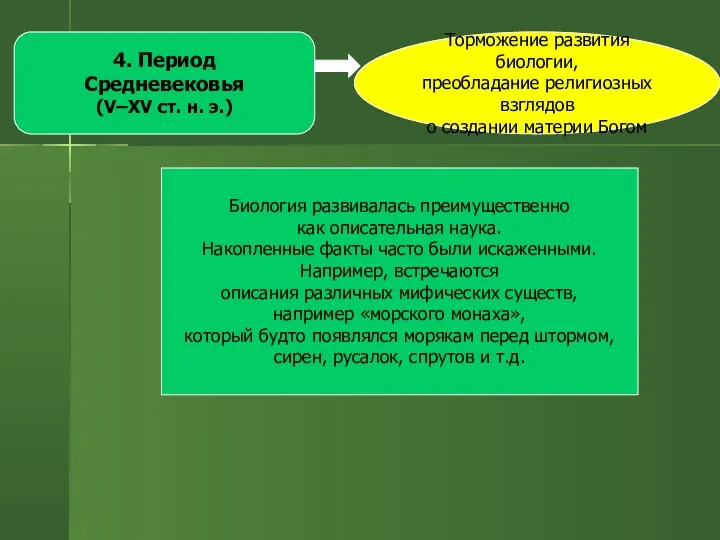 4. Период Средневековья (V–XV ст. н. э.) Торможение развития биологии,