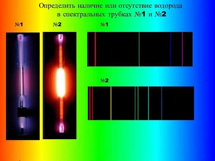 Определить наличие или отсутствие водорода в спектральных трубках №1 и №2 №1 №2 №1 №2
