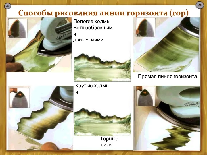 Способы рисования линии горизонта (гор) Пологие холмы Волнообразными движениями Прямая линия горизонта Крутые