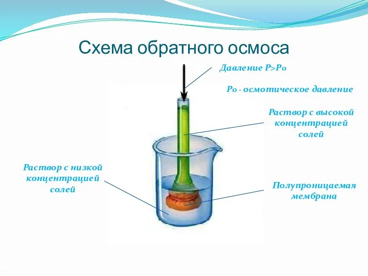 Схема обратного осмоса Давление Р>Ро Раствор с высокой концентрацией солей