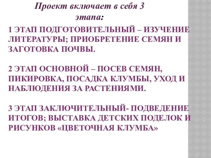 1 этап подготовительный – изучение литературы; приобретение семян и заготовка