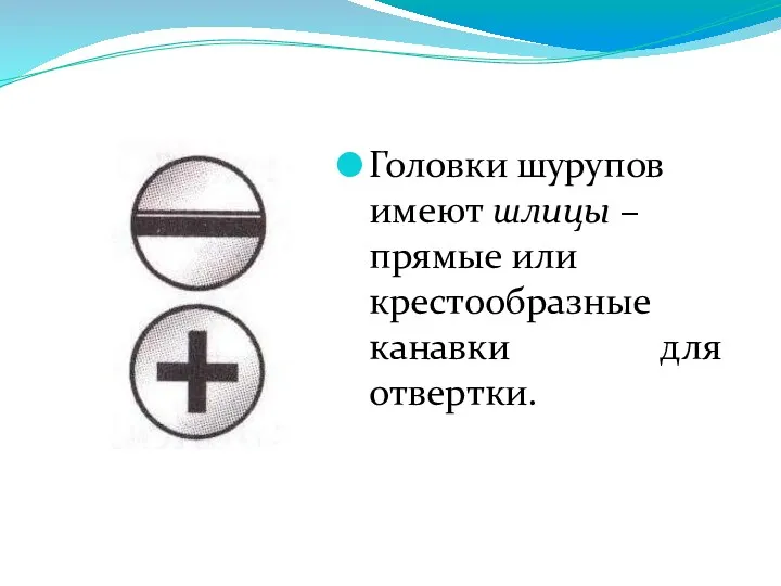 Головки шурупов имеют шлицы – прямые или крестообразные канавки для отвертки.