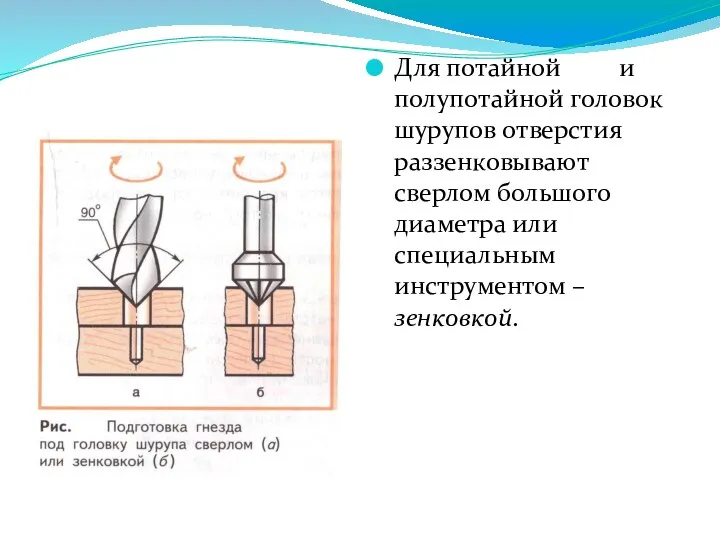 Для потайной и полупотайной головок шурупов отверстия раззенковывают сверлом большого диаметра или специальным инструментом – зенковкой.