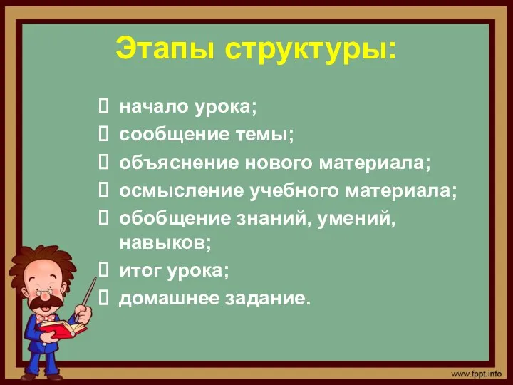 Этапы структуры: начало урока; сообщение темы; объяснение нового материала; осмысление