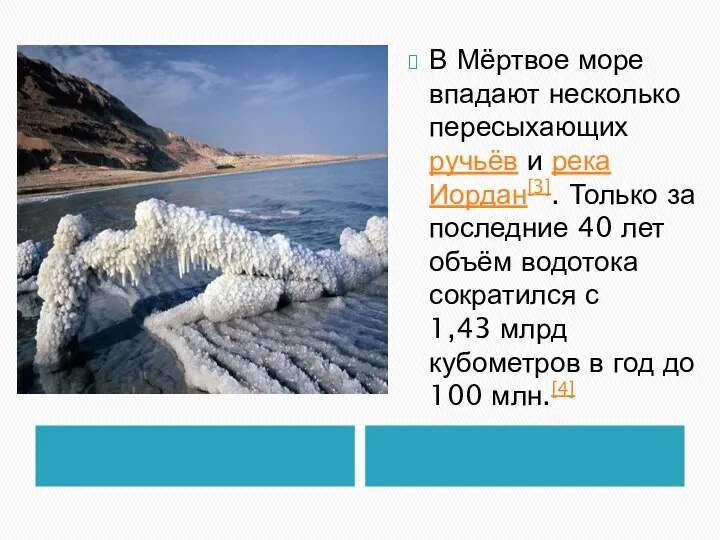 В Мёртвое море впадают несколько пересыхающих ручьёв и река Иордан[3].