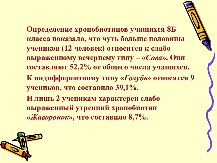 Определение хронобиотипов учащихся 8Б класса показало, что чуть больше половины учеников (12 человек)