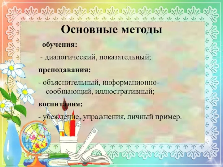 Основные методы обучения: - диалогический, показательный; преподавания: - объяснительный, информационно-сообщающий,