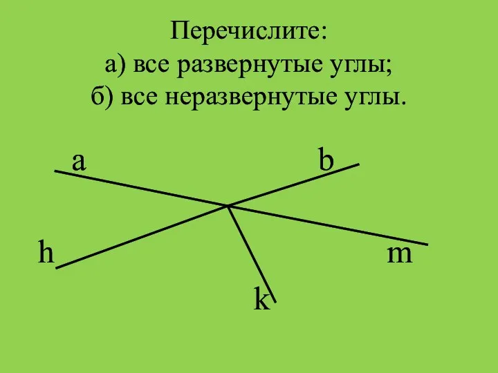 Перечислите: а) все развернутые углы; б) все неразвернутые углы. a b h m k