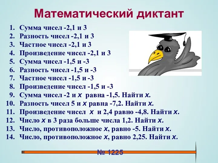 Математический диктант Сумма чисел -2,1 и 3 Разность чисел -2,1 и 3 Частное