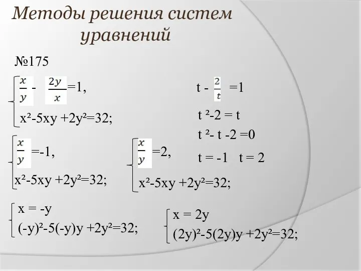 Методы решения систем уравнений №175 - =1, x²-5xy +2y²=32; t