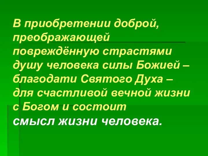 В приобретении доброй, преображающей повреждённую страстями душу человека силы Божией