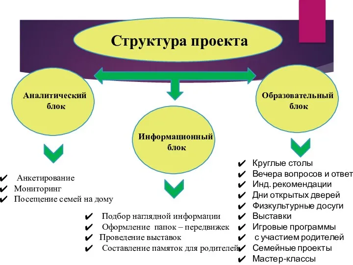 Структура проекта Аналитический блок Информационный блок Образовательный блок Анкетирование Мониторинг