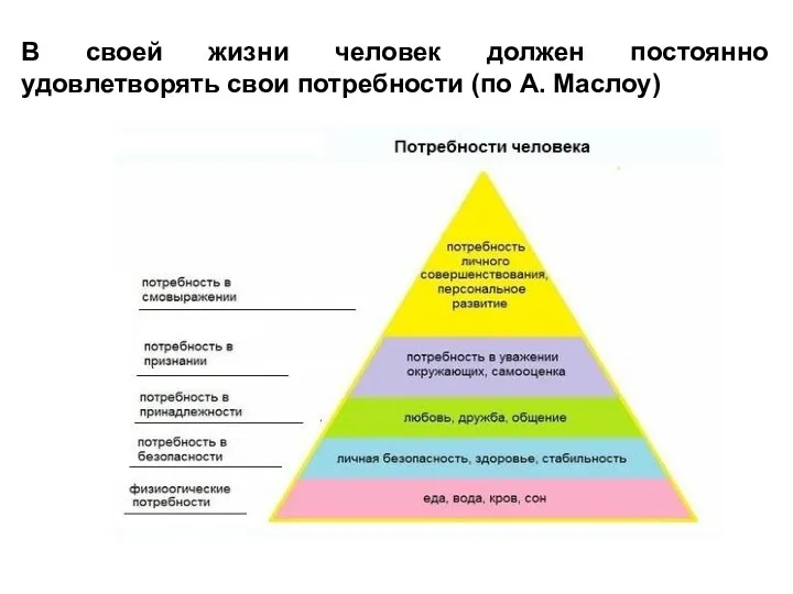 В своей жизни человек должен постоянно удовлетворять свои потребности (по А. Маслоу)