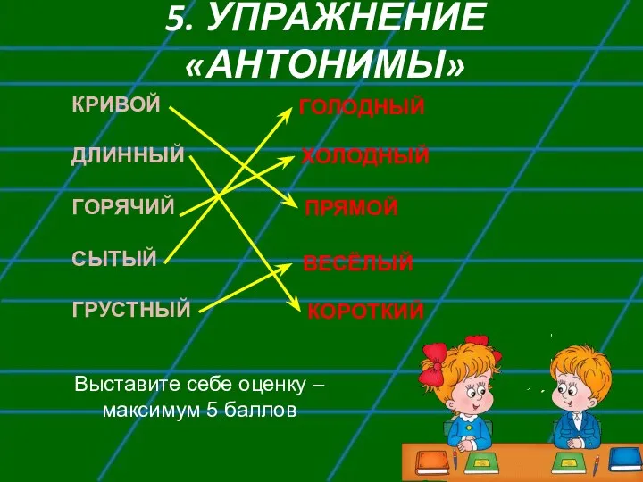 5. УПРАЖНЕНИЕ «АНТОНИМЫ» КРИВОЙ ДЛИННЫЙ ГОРЯЧИЙ СЫТЫЙ ГРУСТНЫЙ ПРЯМОЙ КОРОТКИЙ