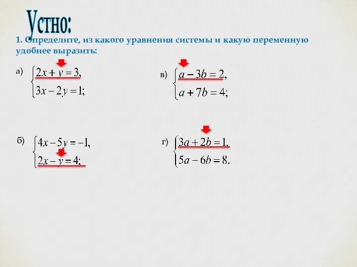 Устно: 1. Определите, из какого уравнения системы и какую переменную удобнее выразить: а) б) в) г)