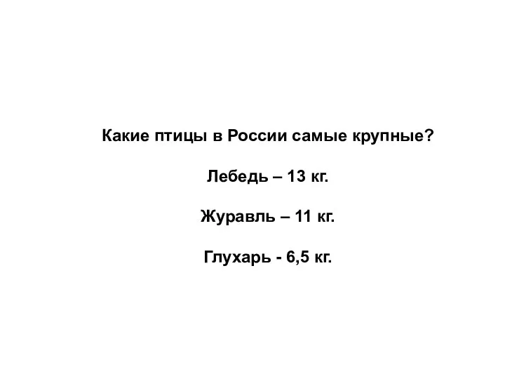 Какие птицы в России самые крупные? Лебедь – 13 кг. Журавль – 11