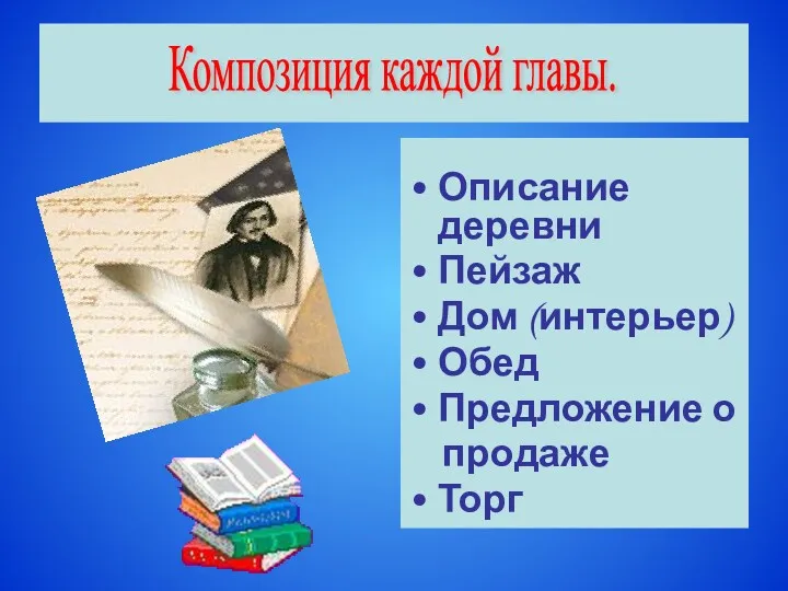 Описание деревни Пейзаж Дом (интерьер) Обед Предложение о продаже Торг Композиция каждой главы.