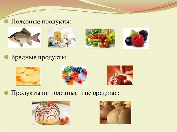 Полезные продукты: Вредные продукты: Продукты не полезные и не вредные: