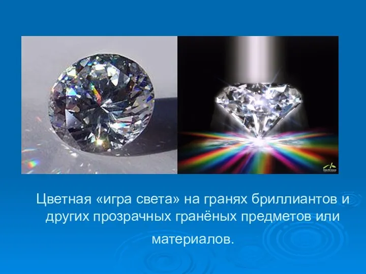 Цветная «игра света» на гранях бриллиантов и других прозрачных гранёных предметов или материалов.