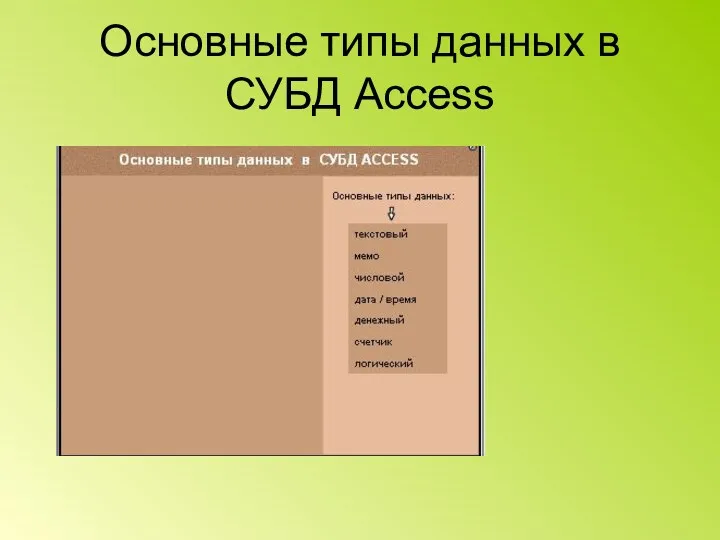 Основные типы данных в СУБД Access