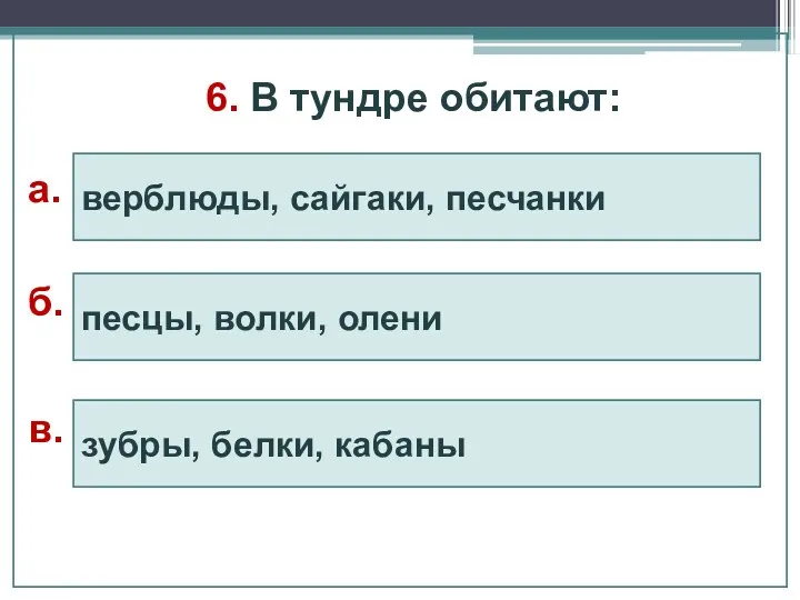 6. В тундре обитают: зубры, белки, кабаны песцы, волки, олени верблюды, сайгаки, песчанки а. б. в.