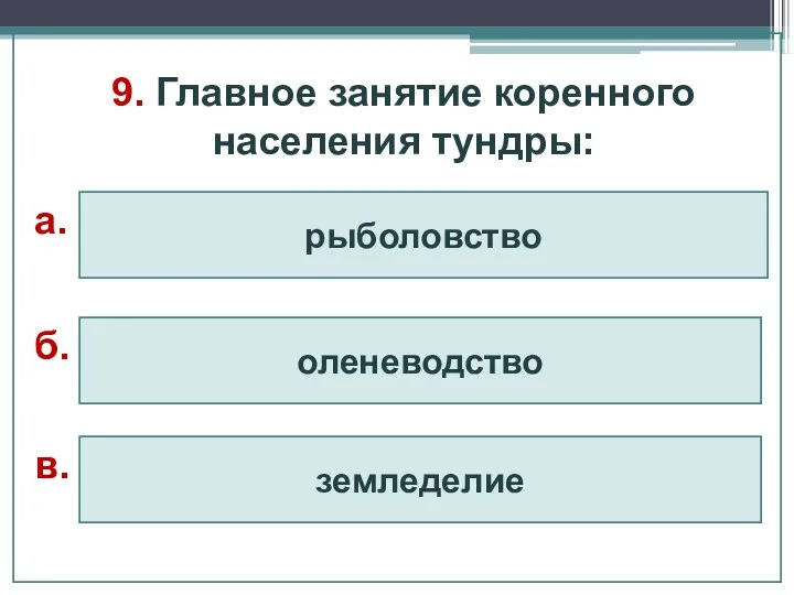 9. Главное занятие коренного населения тундры: рыболовство оленеводство земледелие а. б. в.