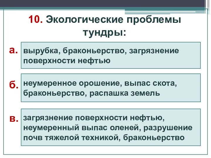 10. Экологические проблемы тундры: вырубка, браконьерство, загрязнение поверхности нефтью неумеренное