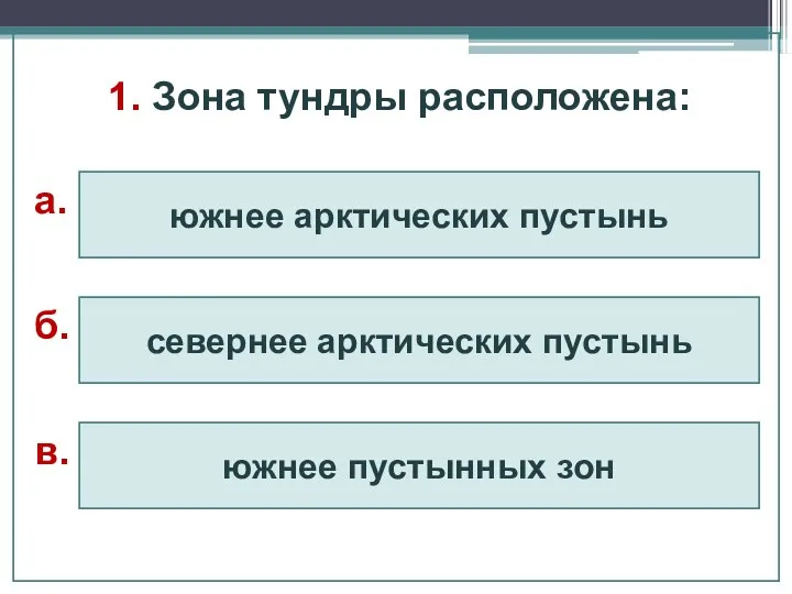 1. Зона тундры расположена: севернее арктических пустынь южнее арктических пустынь а. б. южнее пустынных зон в.