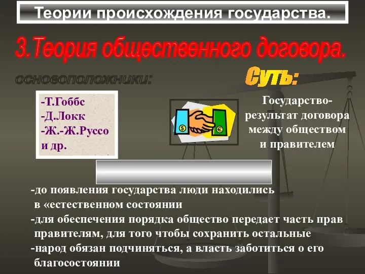 Теории происхождения государства. 3.Теория общественного договора. основоположники: -Т.Гоббс -Д.Локк -Ж.-Ж.Руссо