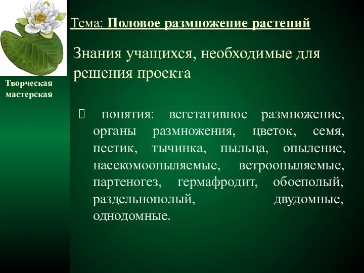 Знания учащихся, необходимые для решения проекта понятия: вегетативное размножение, органы