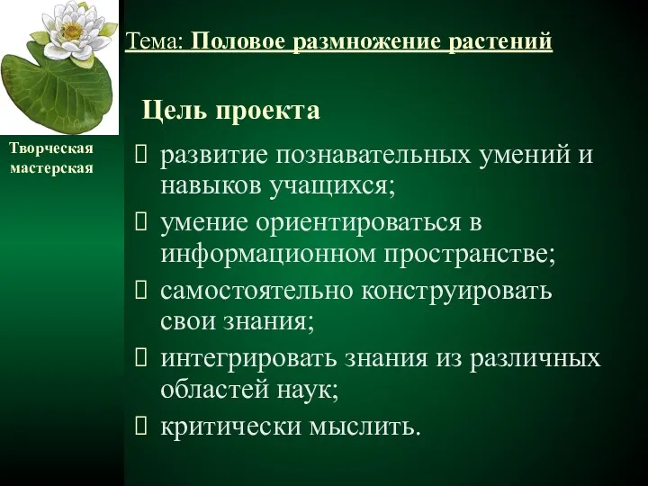 Цель проекта развитие познавательных умений и навыков учащихся; умение ориентироваться