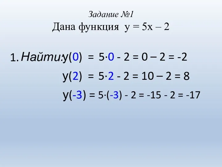 Задание №1 Дана функция у = 5х – 2 Найти: у(0) = у(2)